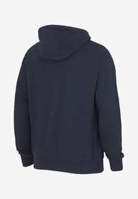 Navy blue hooded sweatshirt shown from the back with long sleeves and ribbed cuffs and hem.