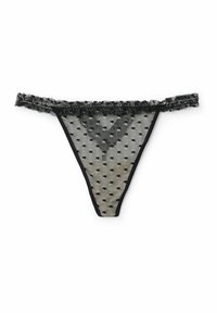Zwarte spikkelrol kanten string met een ruffle-afwerking langs de tailleband en dunne zijkoordjes. Decoratief patroon door de stof heen.