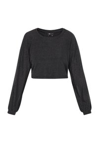 Svart kortärmad topp med lång ärm tillverkad av textil med en lätt lyster. Har rund halsringning och rynkade manschetter.