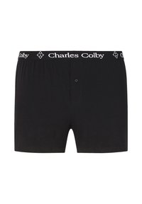Schwarze Baumwollboxershorts mit Knopfleiste. Mit einem markenbezogenen, elastischen Bund in Weiß, der den Aufdruck "Charles Colby" und diamantartige Akzente aufweist.