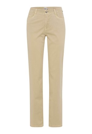 Beige straight-leg pants with front button and zipper, belt loops, and front and back pockets.