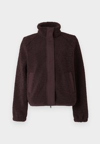 Braune Fleecejacke mit hohem Kragen, Reißverschluss vorne und Seitentaschen. Ausgestattet mit strukturierter Außenseite und glatten Stoffakzenten.