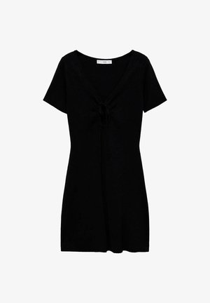 Schwarzes Kurzarmkleid mit V-Ausschnitt und vornem Kordelzug-Detail. Weicher, leichter Stoff mit figurbetontem Schnitt.