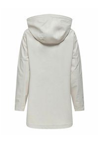 Veste à capuche blanche avec une finition lisse et mate, dotée de manches longues et d'une coupe décontractée. La vue de dos met en valeur le détail des coutures.