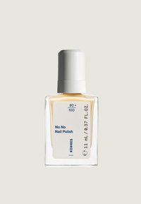 Botella de vidrio transparente de esmalte de uñas No No No Performance, con una tapa blanca, presenta una etiqueta con texto azul y medidas, presentada en posición vertical.