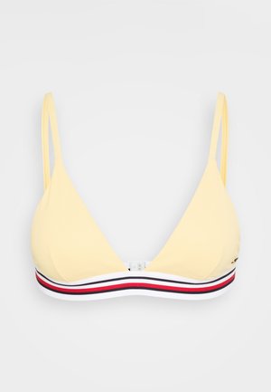 Yellow triangle bikini top with thin straps. Features a contrasting striped band in red, white, and navy at the base. Smooth texture.