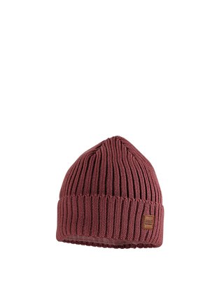 Ribbed knit maroon beanie hat with a folded cuff and a small brown leather brand label on the side.