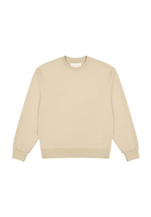 Beige Sweatshirt aus weichem Stoff, mit Rundhalsausschnitt, langen Ärmeln und gerippten Bündchen sowie einem kleinen Logo am Saum.
