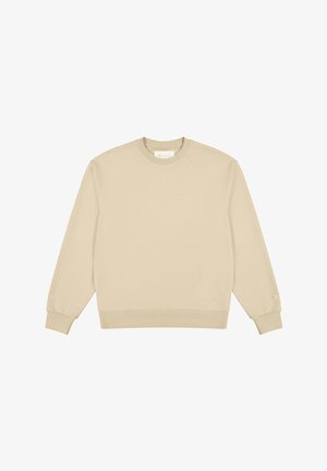 Beige sweatshirt gemaakt van zachte stof, met een ronde hals, lange mouwen en geribbelde manchetten met een klein logo op de zoom.