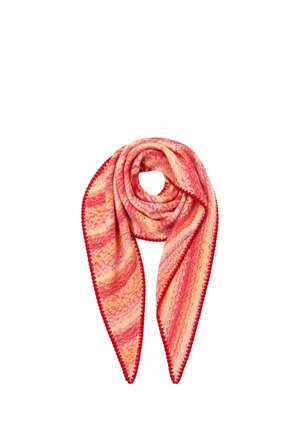 Red, pink, and yellow knit scarf with zigzag pattern and scalloped red edges, folded in a loop against white background.