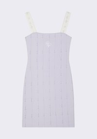 Robe ajustée lilas avec bretelles spaghetti. Présente un motif à rayures verticales et un logo brodé à l'avant. Tissu à texture lisse.