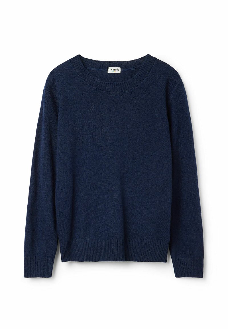 Pull en laine bleu marine avec un col rond, des manches longues et des bords côtes au niveau des poignets et de l'ourlet. Texture douce et coupe décontractée.