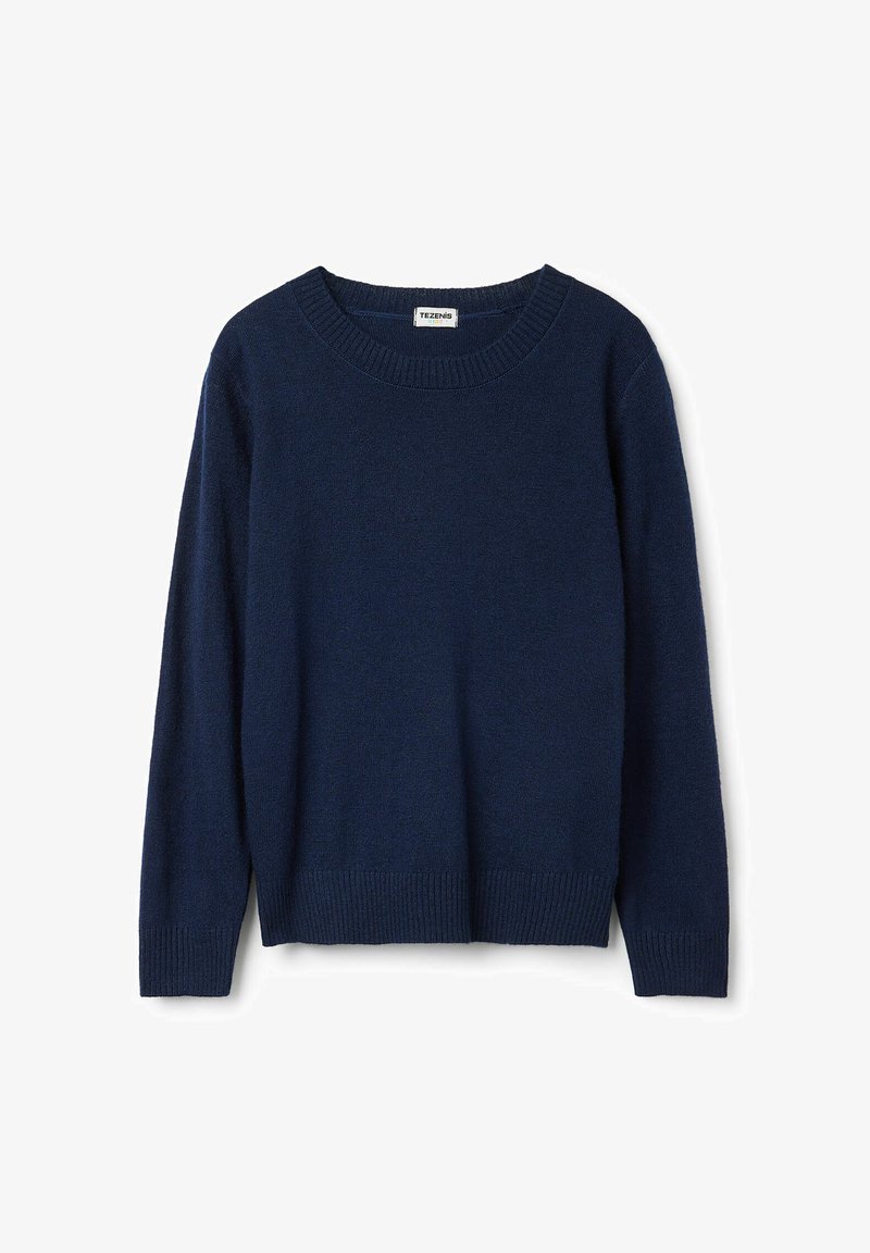 Marineblaues Wollpullover mit rundem Halsausschnitt, langen Ärmeln sowie Rippbündchen und -saum. Weiche Textur und lockere Passform.