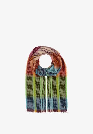 Többszínű sál, amely átlós csíkokkal rendelkezik, lila, zöld, kék és narancs árnyalataiban. Bojtos szélek és logó részlet található rajta.