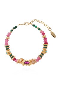 Bracelet multicolore avec des accents en ton or, des perles roses et vertes, des séparateurs métalliques texturés et un détail central en gemme violette.