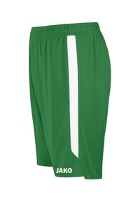 Grüne Sportshorts mit einem weißen Seitenstreifen, aus leichtem Material gefertigt. Besitzt einen elastischen Taillenbund und das "JAKO"-Logo auf der Vorderseite.