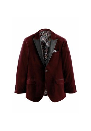 Blazer en velours bordeaux avec des revers en satin noir, doublure intérieure à motifs et détail de pochette. Comprend deux poches avant et des fermetures à bouton.