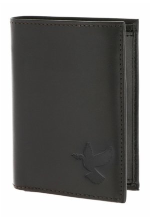 Portefeuille en cuir noir avec bords cousus et colombe embossée tenant une branche d'olivier dans le coin avant, légèrement ouvert.