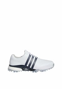 Bílé golfové boty s prodyšným svrškem, třemi námořnickými pruhy, světle šedou podešví a měkkými hroty pro trakci. Disponují minimalistickým perforovaným designem.