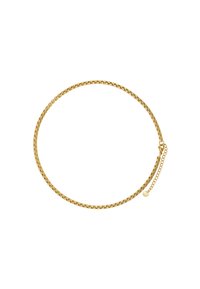 Gouden ketting met een schakeldesign, een gladde textuur en een karabijnhaak met een verstelbare ketting voor maataanpassing.
