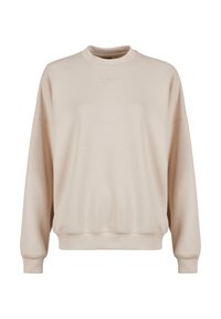 Felpa beige, con colletto a giro, maniche lunghe, spalle leggermente scese, tessuto testurizzato, con logo ricamato discreto sul petto.