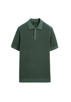 Grünes, gestricktes Poloshirt mit kurzen Ärmeln, klassischem Kragen und Zweiknopfleiste; Textil mit strukturiertem Stoff und Rippdetails.