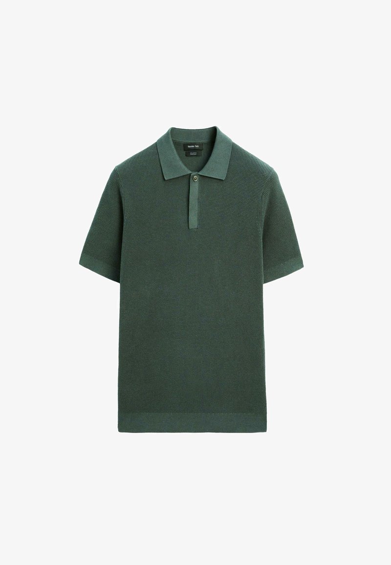 Polo shirt verde lavorato a maglia con maniche corte, colletto classico e pattina con due bottoni; tessuto testurizzato con dettagli a coste.