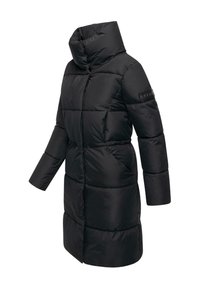 Black padded coat with high collar, long sleeves, and a straight cut. Features quilted sections and side pockets. Made from synthetic material.
