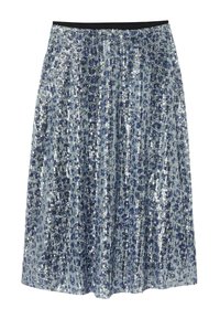 Jupon à sequins avec une taille noire, featuring des rangées verticales de sequins bleus et argentés, créant une texture et un motif scintillants.