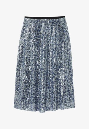 Jupon à sequins avec une taille noire, featuring des rangées verticales de sequins bleus et argentés, créant une texture et un motif scintillants.