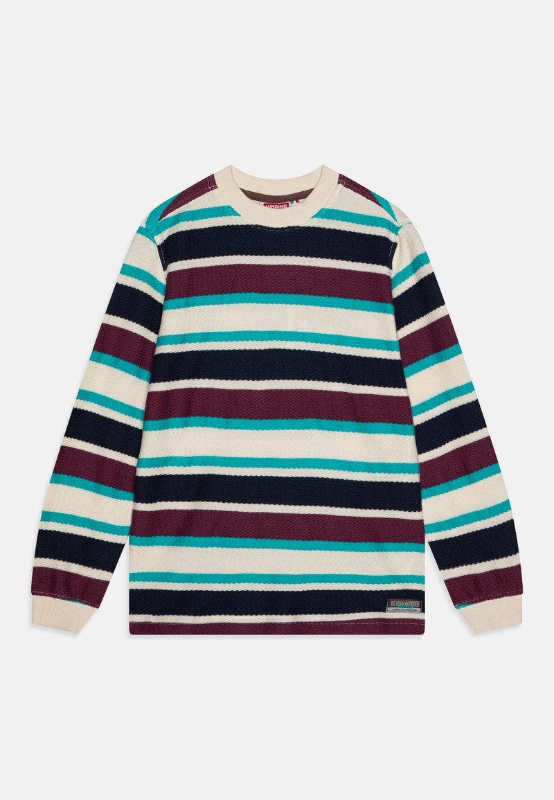 Stripet genser laget av teksturert stoff. Fargene inkluderer krem, marineblå, mørkerød og teal. Den har lange ermer og rund hals.
