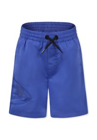 Pantaloni da bagno blu realizzati in tessuto leggero, con una cintura elasticizzata dotata di cordoncino nero e dettagli decorativi del logo sui lati.