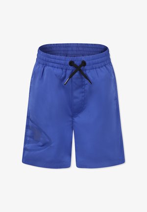 Pantaloni da bagno blu realizzati in tessuto leggero, con una cintura elasticizzata dotata di cordoncino nero e dettagli decorativi del logo sui lati.