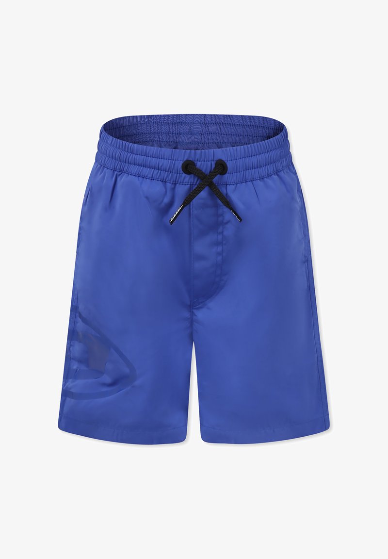 Pantaloni da bagno blu realizzati in tessuto leggero, con una cintura elasticizzata dotata di cordoncino nero e dettagli decorativi del logo sui lati.