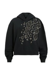 Cropped hoodie nera realizzata in cotone, con un ornamento testurizzato in argento che presenta un design astratto a stampa leopardo su un lato.