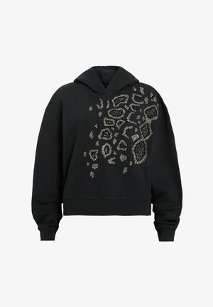 Black cropped hoodie made of cotton, featuring a textured silver embellishment in an abstract leopard print design on one side.