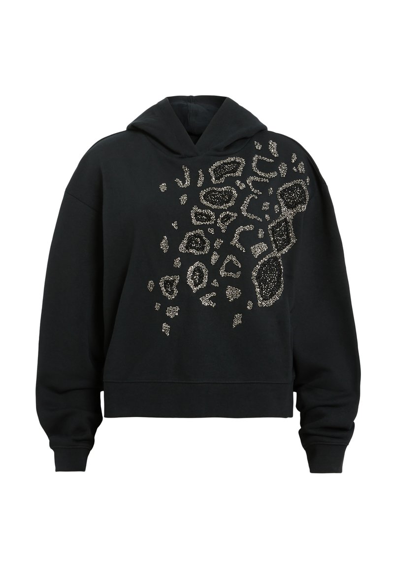 Schwarzes, kurz geschnittenes Hoodie aus Baumwolle, das auf einer Seite mit einer strukturierten silbernen Verzierung im abstrakten Leopardenmuster versehen ist.