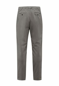 Pantaloni in velluto a coste grigi con una finitura testurizzata, dotati di gamba affusolata, passanti per la cintura e due tasche posteriori con bottoni neri.