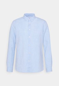 Camicia a maniche lunghe azzurro chiaro in lino, con colletto button-down e chiusura frontale con bottoni. Tessuto liscio con una leggera lucentezza.