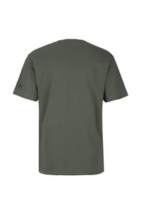 Dunkelgrünes T-Shirt mit kurzen Ärmeln aus Baumwolle. Verfügt über einen runden Halsausschnitt und ein kleines Logo auf dem linken Ärmel. Glatte Textur.