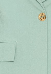 Mátová zelená blazers s texturovanou tkaninou, jedním náprsním kapsou a zlatým kulatým knoflíkem na zapínání.