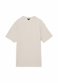 Lysbeige kortærmet t-shirt i ribbet stof, med rund halsudskæring og lige pasform. Simpelt design uden mønstre eller accenter.