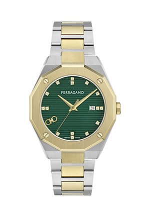 Reloj de pulsera Ferragamo bicolor en plata y oro con esfera texturizada verde, manecillas doradas, marcadores de hora con diamantes, ventana de fecha y bisel octagonal.