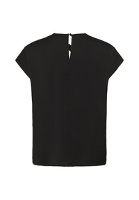 Blusa nera a maniche corte con un piccolo oblò sulla schiena e chiusura con bottone, dal design semplice e morbido.