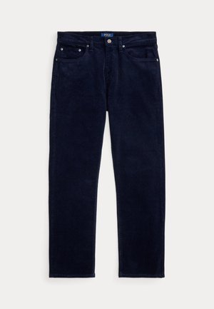 Jean Polo bleu marine foncé présenté de face, avec des jambes droites, une fermeture à bouton, des passants de ceinture et cinq poches.