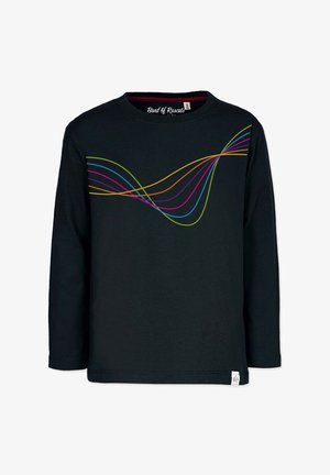 Mustapaita, jossa on pitkät hihat, valmistettu puuvillasta. Paidassa on värikäs aaltokuvio, jossa on pinkkiä, purppuraa, oranssia ja vihreää rinnassa.