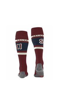 Bordeauxrode skisokken met marineblauwe en witte strepen met "FALKE" branding. Versterkte grijze hiel en teen bieden extra duurzaamheid en ondersteuning.