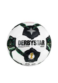 Pallone da calcio bianco con pannelli neri pentagonali ed esagonali, accenti verdi e loghi stampati. Testo con la scritta "DERBYSTAR" e "DFB-POKAL".