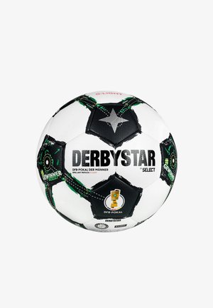 Pallone da calcio bianco con pannelli neri pentagonali ed esagonali, accenti verdi e loghi stampati. Testo con la scritta "DERBYSTAR" e "DFB-POKAL".