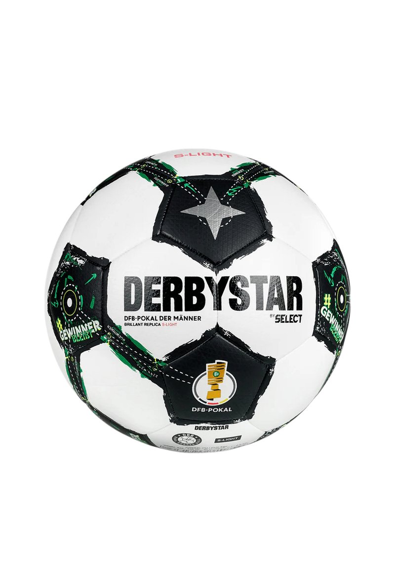 Pallone da calcio bianco con pannelli neri pentagonali ed esagonali, accenti verdi e loghi stampati. Testo con la scritta "DERBYSTAR" e "DFB-POKAL".